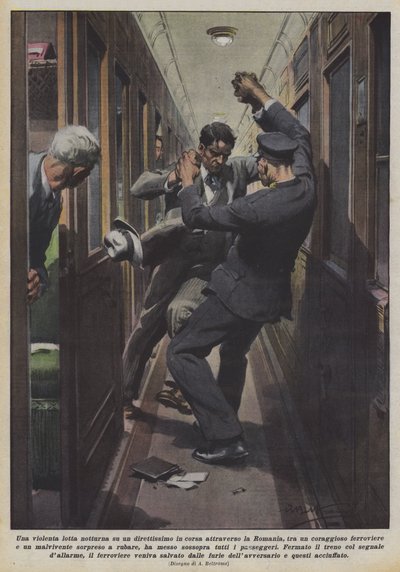 Ein heftiger nächtlicher Kampf in einem Schnellzug durch Rumänien, zwischen einem mutigen... von Achille Beltrame