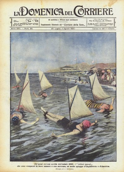 Eine sehr kuriose Neuheit des Sommers 1920, die menschlichen Segelschiffe, die in großer Zahl erschienen sind von Achille Beltrame