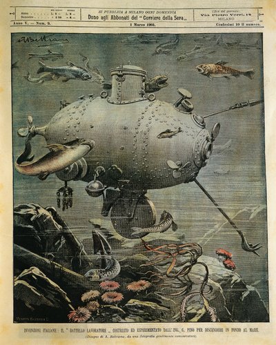 Unterwasserfahrzeug zur Erforschung des Meeresbodens, Illustration von Achille Beltrame von Achille Beltrame