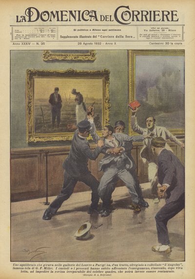 Ein Verrückter, der in den Galerien des Louvre in Paris umherging, hat plötzlich? von Achille Beltrame