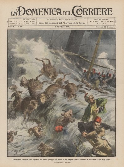 Eine schreckliche Welle reißt eine ganze Schafherde vom Rand eines türkischen Dampfers während der Überfahrt über das Schwarze Meer von Achille Beltrame