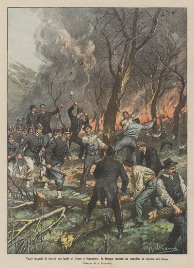 Große Waldbrände an den Seen Como und Maggiore, die Truppen versuchen das Feuer zu stoppen von Achille Beltrame