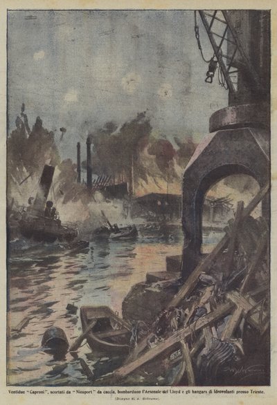 Zweiundzwanzig Caproni, eskortiert von Nieuport-Jägern, bombardieren das Arsenal des Lloyd und die Hangars von Achille Beltrame