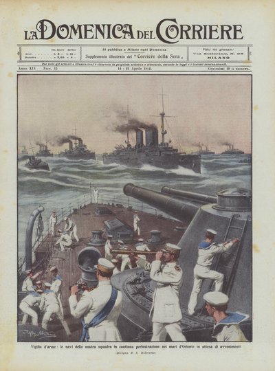 Waffenstillstand, die Schiffe unserer Flotte patrouillieren ständig in den Gewässern des Orients in Erwartung von Ereignissen von Achille Beltrame