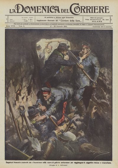 Französische und deutsche Pioniere treffen sich beim Graben von unterirdischen Tunneln von Achille Beltrame