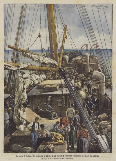 Auf der Suche nach Glück, das Frühstück an Bord eines Dampfers von Bauern, die von Neapel nach Amerika auswandern von Achille Beltrame