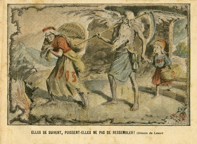 Illustration in Le Pelerin, 03/01/04 - Sie folgen einander, mögen sie nicht dasselbe sein! Ungerechtigkeit Verfolgungen - Kindheit, Religion Glaube, Zeit/Jahreszeiten, Neujahr - Marianne, Zeit (Allegorie von) - Allegorie, Opposition/Assoziation von Achille Lemot