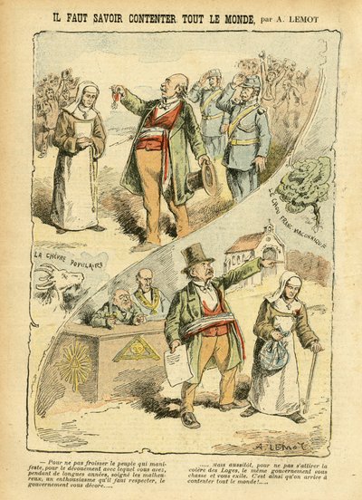 Illustration von Achille Lemot (1846-1909) in Le Pèlerin, 03/09/05 - Man muss wissen, wie man alle zufriedenstellt - Antiklerikalismus, Antimasonismus Freimaurerei, Religion Glaube, Medaille, Bloc des Gauches, Katholizismus - Vertreibungen von Geistlichen, von Achille Lemot