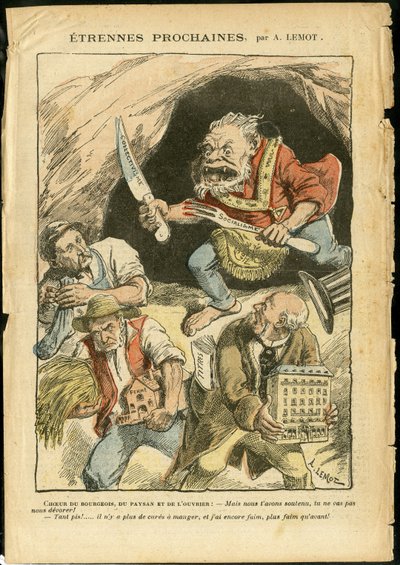 Illustration von Achille Lemot (1846-1909) in Le Pelerin, 07/01/06 - Nächster Fremder - Landwirtschaft, Kollektivismus, Sozialismus - Arbeiter, Bauern, Landwirte - Oger/essen/schlucken, Animalisierung von Achille Lemot