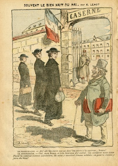 Illustration von Achille Lemot in Le Pelerin, 20/01/07 - Oft entsteht Gutes aus Bösem - Armee, Religion Glaube, Kasernen, Militärdienst, Katholizismus - Militärdienst Heilung, Laizismus Laizität Laien Gesetze - Heilungen von Achille Lemot
