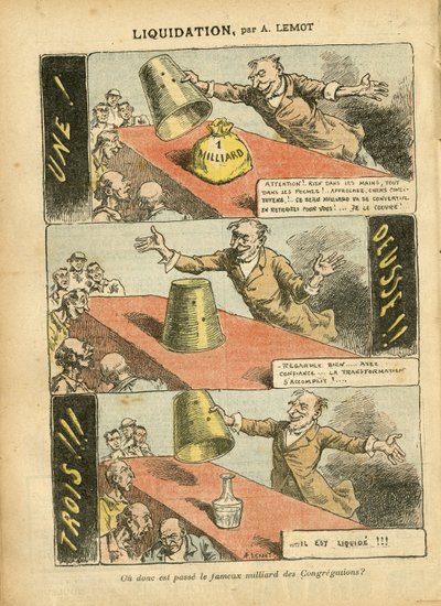 Illustration von Achille Lemot (1846-1909) in Le Pelerin, 23/06/07 - Liquidation - Spiel, Religion Glaube, Silber, Katholizismus - Milliarden der Kongregationen - Honneteau von Achille Lemot