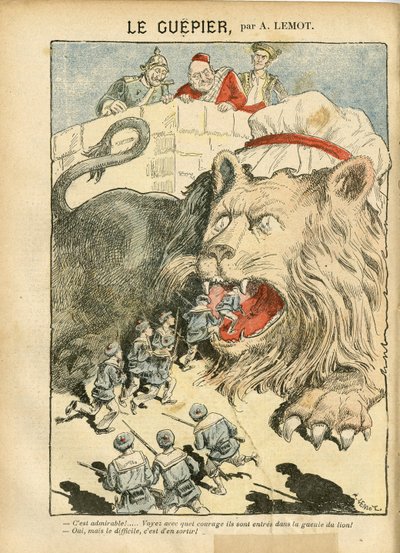 Illustration von Achille Lemot in Le Pelerin, 25/08/07 - Le Guepier - Krieg, Deutschland Preußen, England Großbritannien, Spanien, Maritime Marine Küste - Löwe/Tiger von Achille Lemot