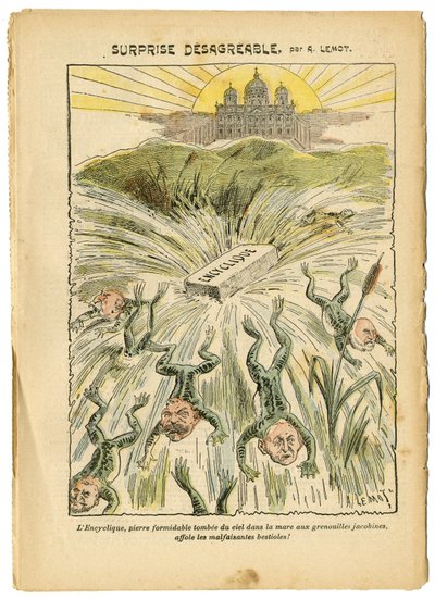 Illustration von Achille Lemot (1846-1909) in Le Pelerin, 26/08/06 - Überraschung unangenehm - Klerikal/antirepublikanisch, Religion Glaube, Vatikan, Ausdrücke, Katholizismus - Enzyklika - Batrachian Frosch - Animalisierung von Achille Lemot