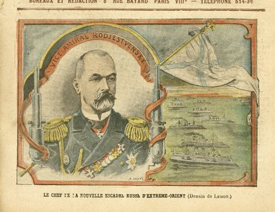 Illustration von Achille Lemot (1846-1909) in Le Pelerin, 30/04/05 - Der Anführer des neuen russischen Fernost-Geschwaders - Russland, Armee, Marine, Kriegsschiffe - Admiral Admiräle, Rodjestvensky (Zinovi Rozhestvensky) von Achille Lemot