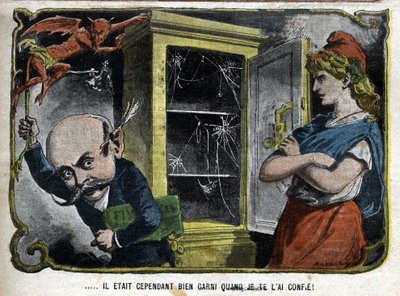 Es war jedoch gut gefüllt, als ich es dir gab. Karikatur zeigt Pierre Marie René Waldeck-Rousseau (1846-1904), einen französischen Politiker, der 1901 nicht in der Lage war, den nationalen Haushalt zu vervollständigen. Karikatur von Lemot von Achille Lemot