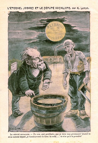 Sozialistischer Abgeordneter verspricht dem armen Proletarier (Zimmermann) den Mond (Rente), in Le Pelerin, katholische Wochenzeitung Nr. 1391 vom 30. August 1903 von A. Lemot (Zeichnung) von Achille Lemot