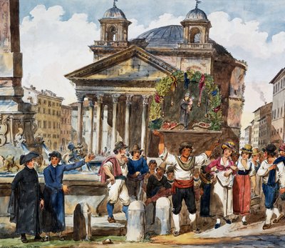 Erdbeerfest am Pantheon in Rom, Aquarell von Achille Pinelli, Italien von Achille Pinelli