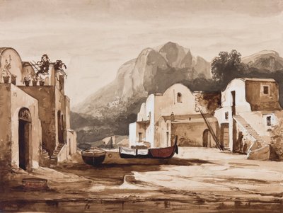 Neapolitanisches Küstendorf, möglicherweise Capri mit Monte Solaro, mit Ergänzungen von Prinz Alfonso Maria di Borbone (Bleistift, Sepia-Waschungen und Gouache auf Papier) von Achille Vianelli
