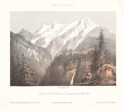 Blick auf Chamonix mit dem Gletscher Mer-de-Glace und der Aiguille du Dru (Herinnering aan Chamonix-Mont-Blanc) von Ad. Cuvillier