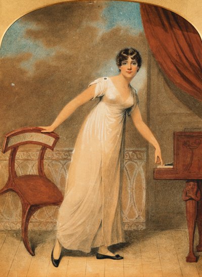 Porträt einer Dame, ganzfigur, in einem weißen Kleid bei einem Klavier, 1801 von Adam Buck