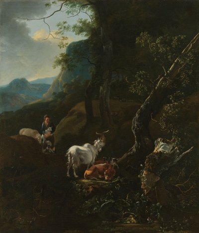 Eine Schäferin mit Tieren in einer bergigen Landschaft von Adam Pynacker