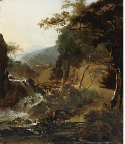 Italienische Berglandschaft mit Hirten und Vieh an einem Wasserfall von Adam Pynacker