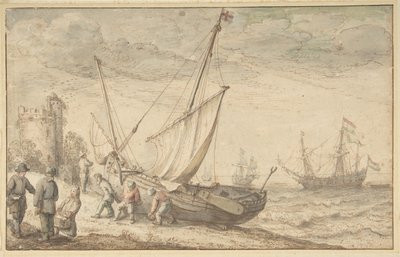Fischerleute ziehen ihr Boot an Land, o.D. von Adam Willaerts