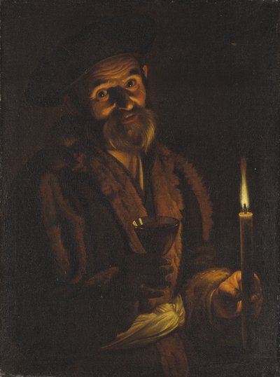 Alter Mann, der eine Kerze und ein Glas hält von Adam de Coster
