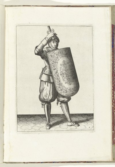 De exercitie met de targe en rapier: hoe de soldaat het vizier van zijn helm moet sluiten met de targe en de getrokken rapier in de hand (nr. 7), 1618 von Adam van Breen