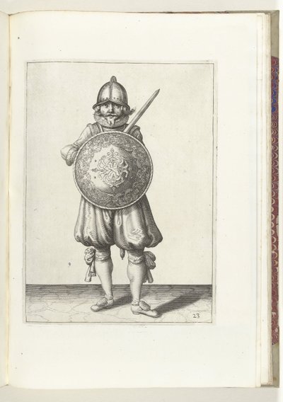 Übung mit Schild und Speer: der Soldat steht in Ruhe, sein Rapier ruht auf der linken Schulter hinter dem Schild (Nr. 23), 1618 von Adam van Breen