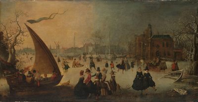 Landschaft mit gefrorenem Kanal, Schlittschuhläufern und einem Eisboot von Adam van Breen