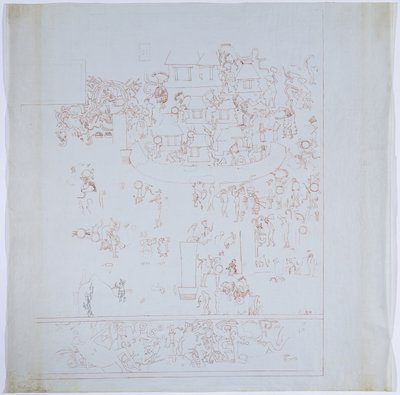 Kopie eines vollständigen Wandgemäldes von der Westwand, Oberer Tempel der Jaguare, Chichen Itza, Mexiko, Innerer Raum an der Westwand, gezeichnet in roter Tinte von Adela Breton
