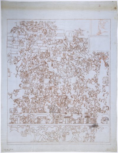 Kopie eines Wandgemäldes, Oberer Tempel der Jaguare, Südende, Westwand, Oberer Tempel der Jaguare, Chichen Itza, Mexiko von Adela Breton