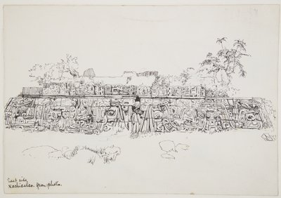 Gemälde eines bemalten Reliefs vom Tempel der gefiederten Schlange Xochicalco, Mexiko (von der Ostseite der unteren Terrasse) von Adela Breton