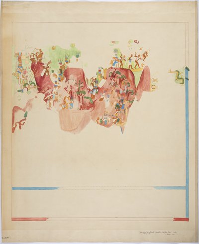 Viertelmaßstab-Kopie eines Wandgemäldes vom Nordende der Ostwand, innere Kammer, Oberer Tempel der Jaguare, Großer Ballspielplatz, Chichen Itza, Mexiko von Adela Breton