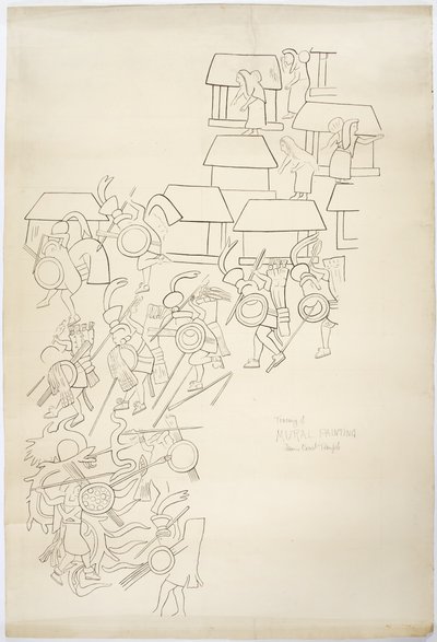 Abzeichnung eines Wandgemäldes von der Westwand, Oberer Tempel der Jaguare, Chichen Itza, Mexiko von Adela Breton
