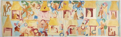 Abzeichnung eines Wandgemäldes von der Südwand, innere Kammer, Oberer Tempel der Jaguare, Großer Ballspielplatz in Chichen Itza, Mexiko (Aquarell & Körperfarbe) von Adela Breton