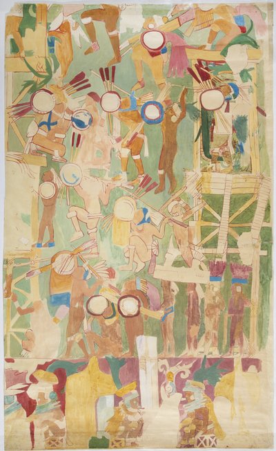 Abzeichnung einer Wandmalerei von der Südwand, innere Kammer, Oberer Tempel der Jaguare, Großer Ballspielplatz in Chichen Itza, Mexiko von Adela Breton