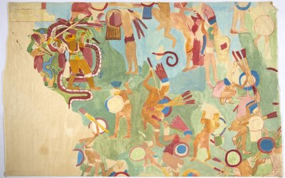 Abzeichnung einer Wandmalerei aus der inneren Kammer, Oberer Tempel der Jaguare, Südwand, Großer Ballspielplatz, Chichen Itza, Mexiko von Adela Breton