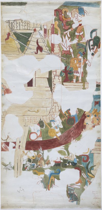 Aquarell auf Leinenpapier, Abzeichnung eines Wandgemäldes aus einem Gewölbe in einer großen Kammer in Casa de Monjas, Chichen Itza, Mexiko von Adela Breton