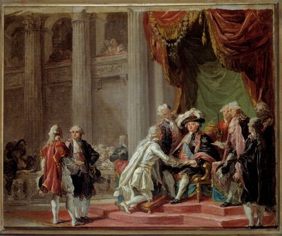 Empfang eines Ritters des Ordens von Saint Lazarus von Jerusalem und Unserer Lieben Frau vom Berge Karmel durch den letzten Großmeister, den Grafen von Provence (zukünftiger König Ludwig XVIII.) (1755-1824) unter Ludwig XVI. Gemälde von Adelaide Labille Gu von Adelaide Labille Guiard