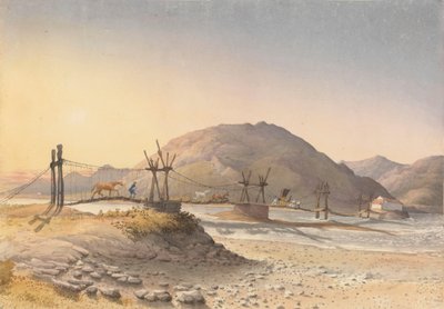 Hängebrücke aus Lederriemen (aber mit Kette repariert) über den Maypu, fünf Meilen südlich von Santiago, Chile, 11. Januar 1851 von Admiral Sir Edward Gennys Fanshawe
