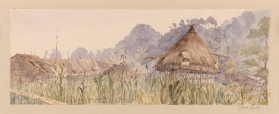 Dorf und Haupthaus des Segu-Stammes oder am Manuk- oder Segur-Fluss aus dem Westindien-, Nordamerika- und Borneo-Sammelalbum von Admiral Sir Edward Gennys Fanshawe