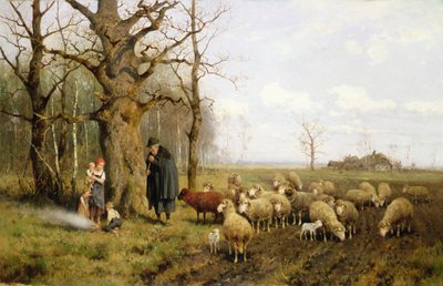 Kinder mit einem Schäfer und Schafen in einer Landschaft von Adolf Ernst Meissner