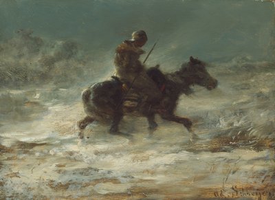 Mann mit Lanze reitet durch den Schnee von Adolf Schreyer