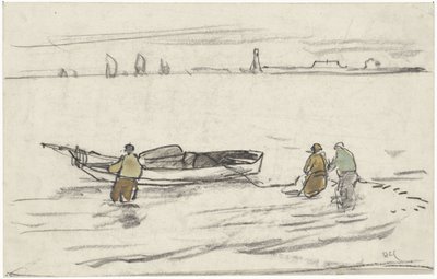 Drei Männer im Wasser ziehen ein Segelboot ans Ufer von Adolf le Comte