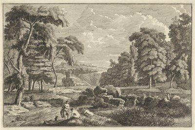 Arkadische Flusslandschaft mit fünf badenden Frauen und einem Hirsch von Adolf van der Laan