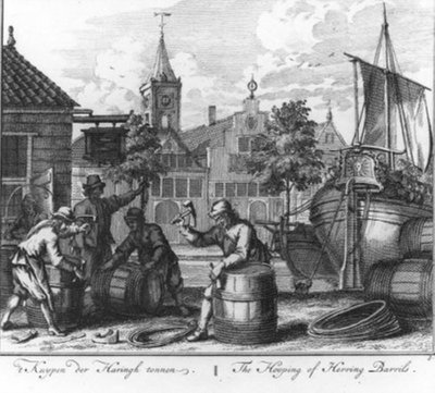 „Das Küfern der Heringsfässer“ (Nr. 3 aus der Serie Heringsfang) von Adolf van der Laan