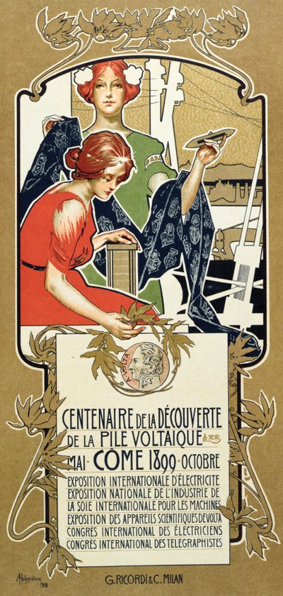 Plakat zur Werbung für das Jahrhundert der Entdeckung der Voltaschen Säule, 1899 von Adolfo Hohenstein