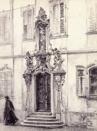 Ein Mann steigt die Treppe eines Gebäudes mit barockem Portal hinunter, 1884 von Adolph Menzel